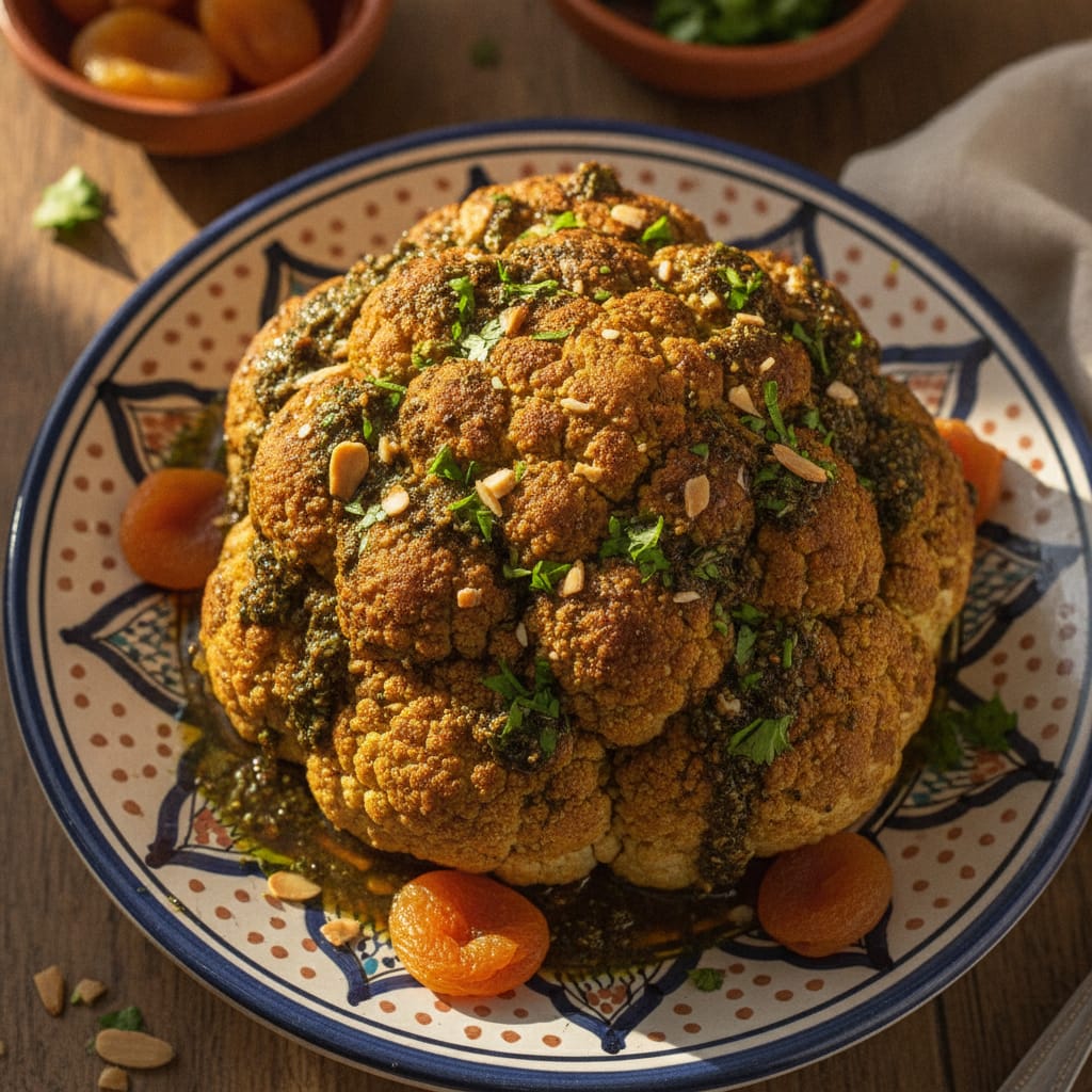 A whole roasted cauliflower glazed with sweet chermoula and garnished with almonds and pomegranate