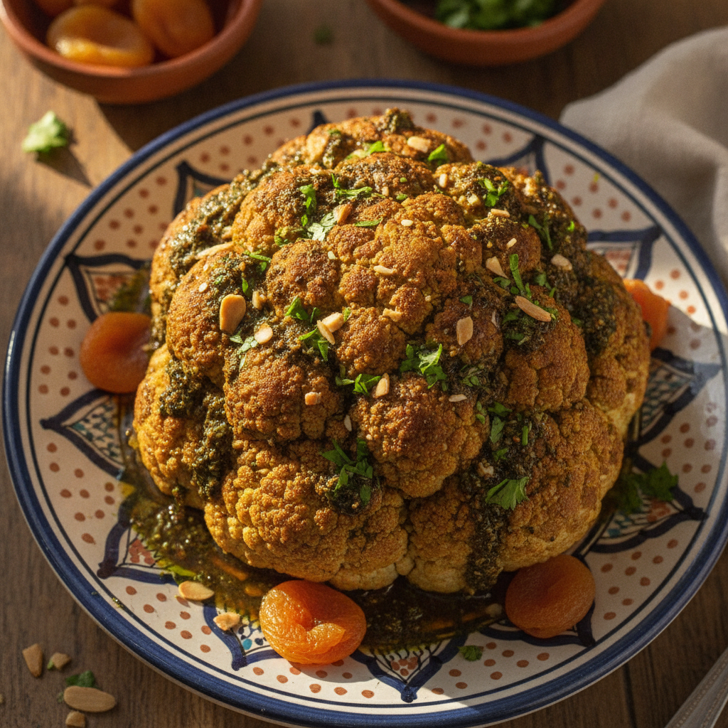 A whole roasted cauliflower glazed with sweet chermoula and garnished with almonds and pomegranate