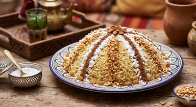 A dome of steamed vermicelli noodles decorated with lines of cinnamon, powdered sugar, and crushed almonds