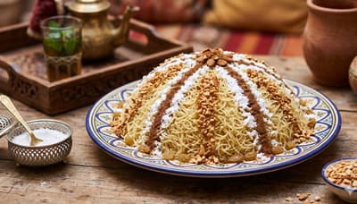 A dome of steamed vermicelli noodles decorated with lines of cinnamon, powdered sugar, and crushed almonds