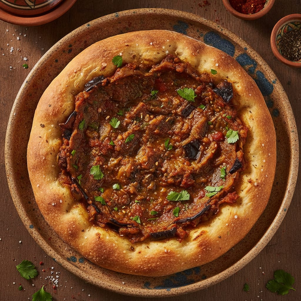 A focaccia bread topped with smoky Moroccan zaalouk eggplant salad