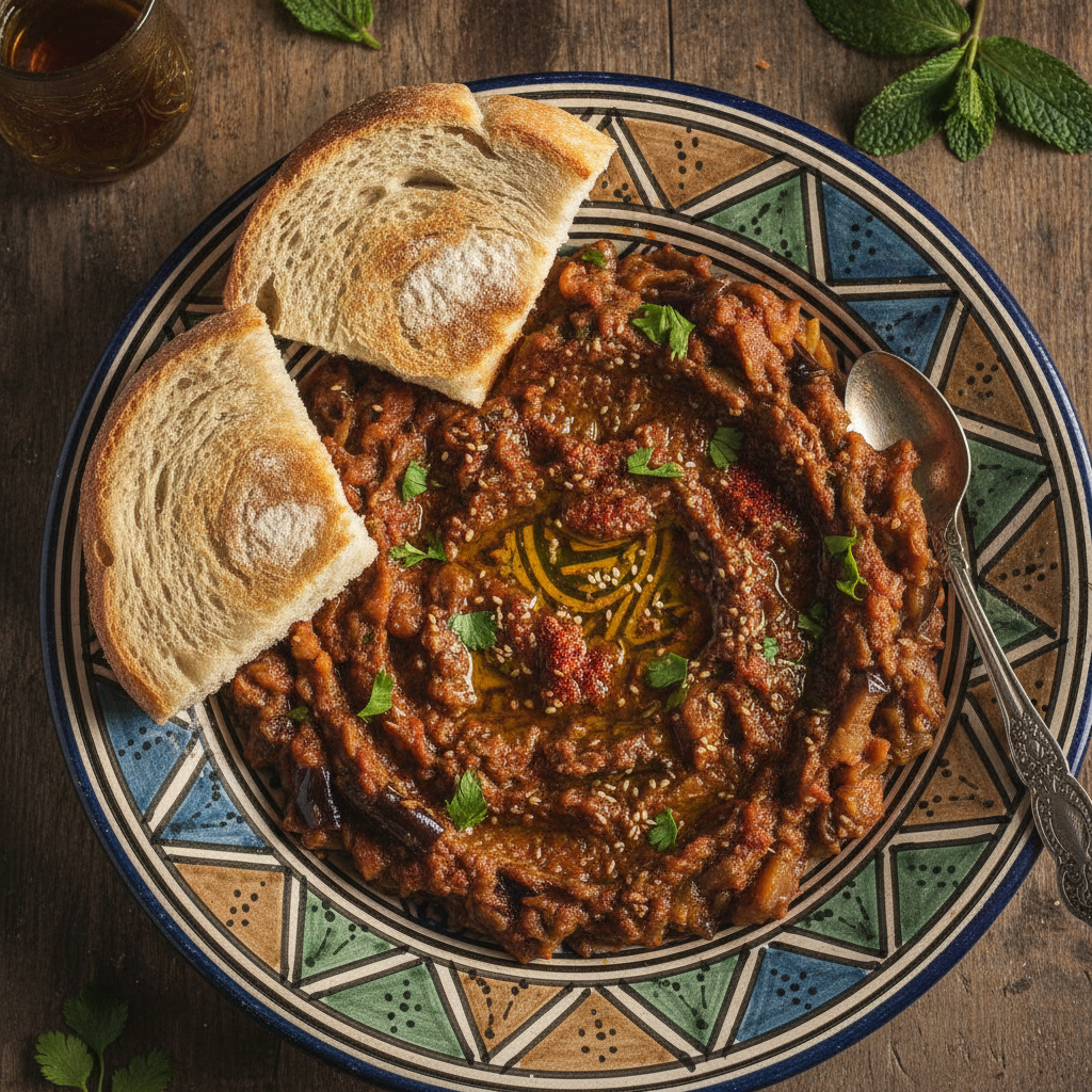 A bowl of smoky Moroccan zaalouk eggplant and tomato dip garnished with cilantro