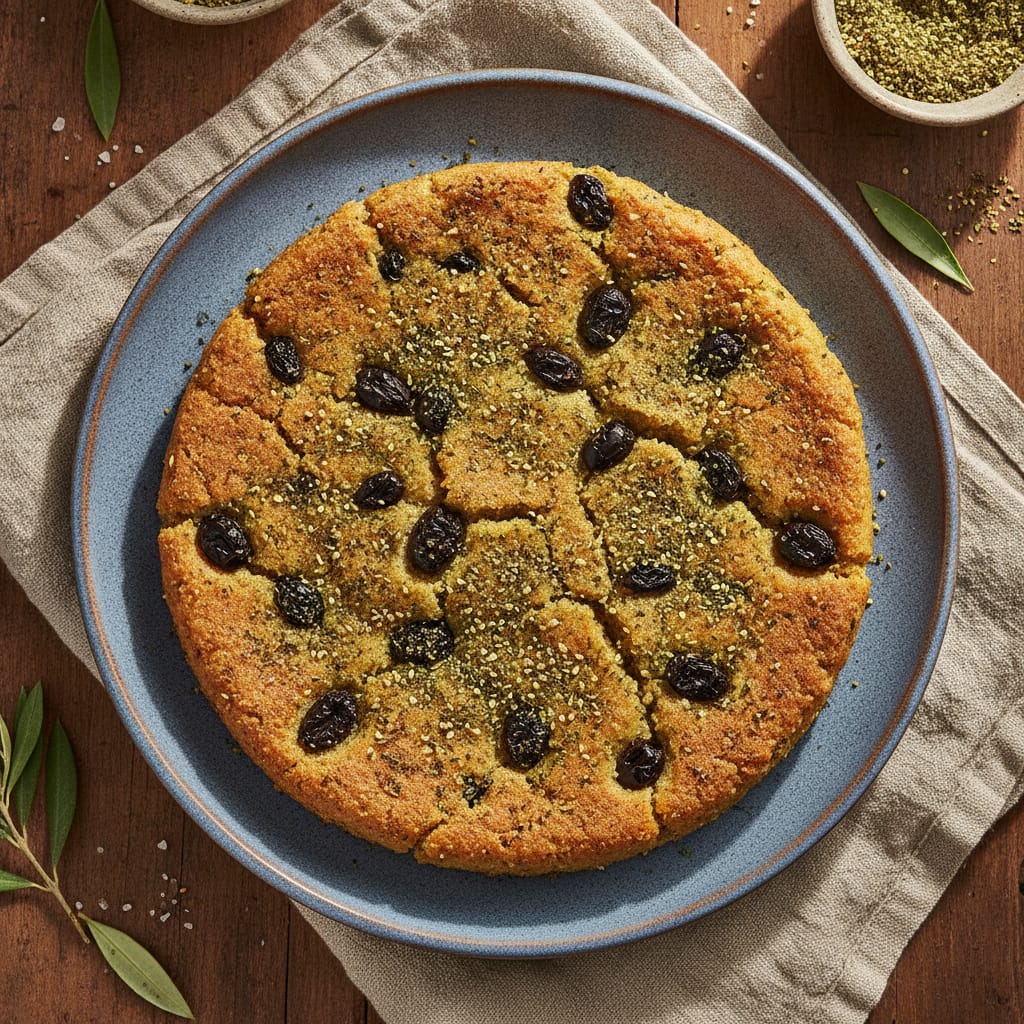 Zaatar & Black Olive Harcha — Moroccan Plate recipe photo