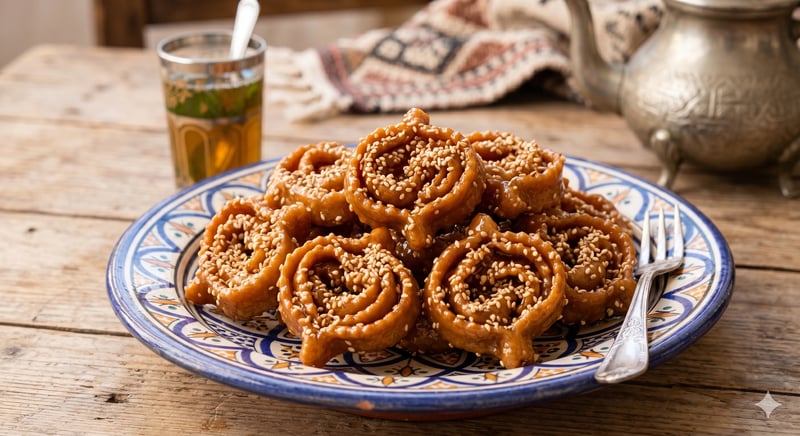 A platter of glossy, honey-soaked Moroccan Chebakia sprinkled with sesame seeds