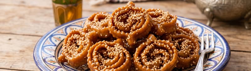 A platter of glossy, honey-soaked Moroccan Chebakia sprinkled with sesame seeds