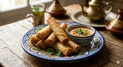 A plate of golden, crispy Moroccan meat cigars served with a dipping sauce