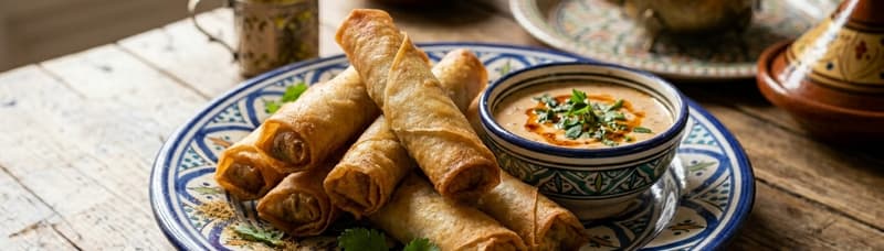 A plate of golden, crispy Moroccan meat cigars served with a dipping sauce